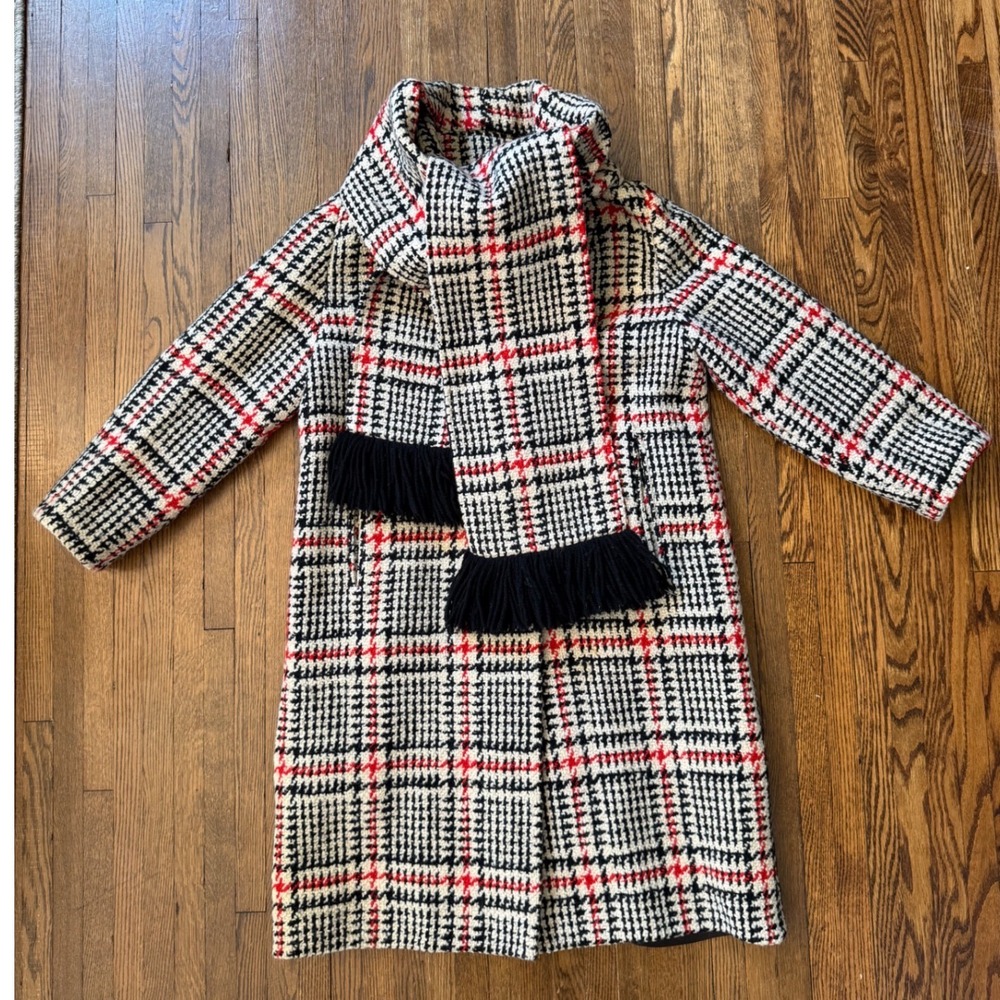 That Young Leeds Look Vtg 50-60s Houndstooth Wool Coat w/ Scarf Red Black White